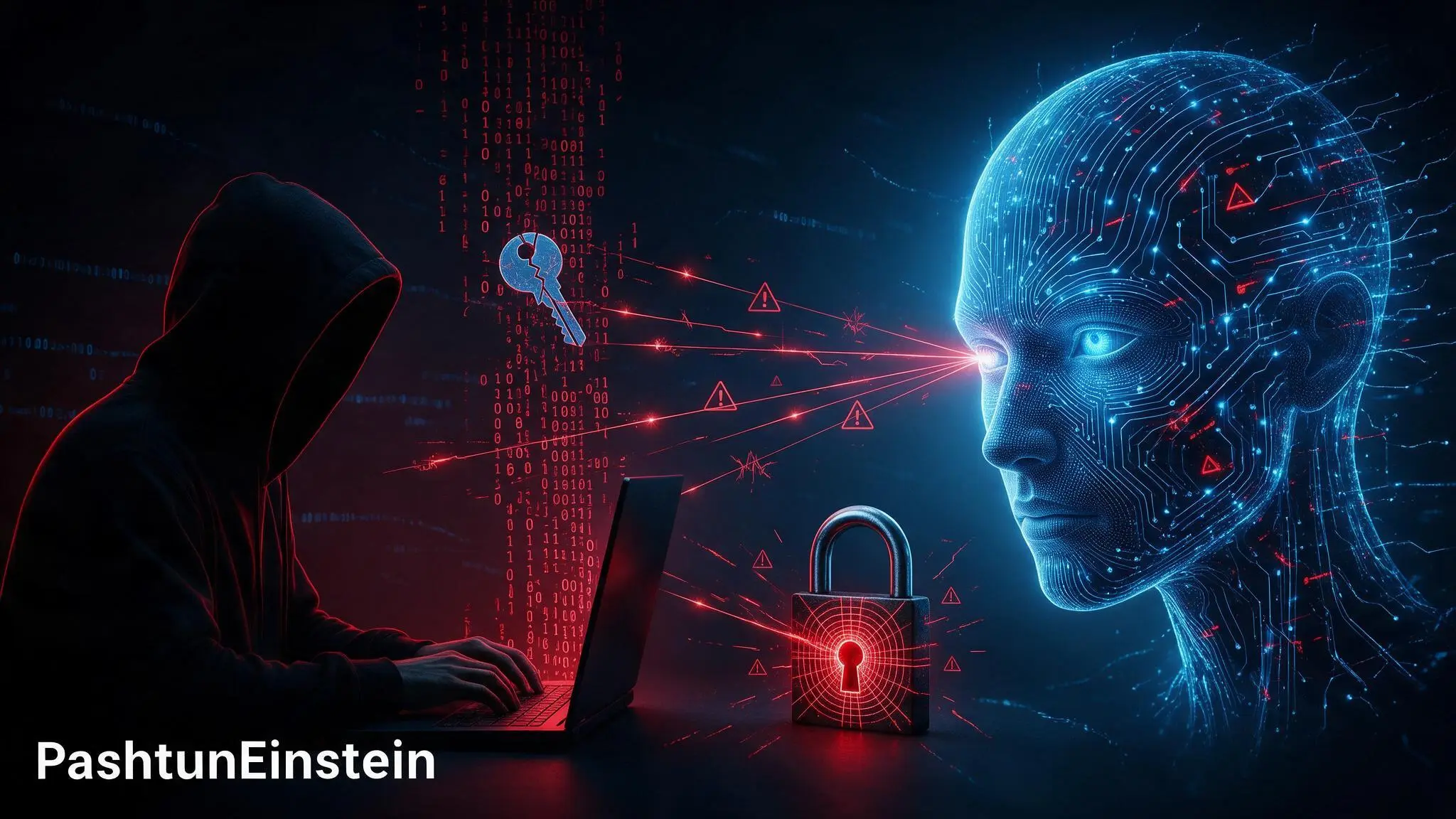 Hooded attacker facing a digital AI figure, with a padlock and cyber threat symbols