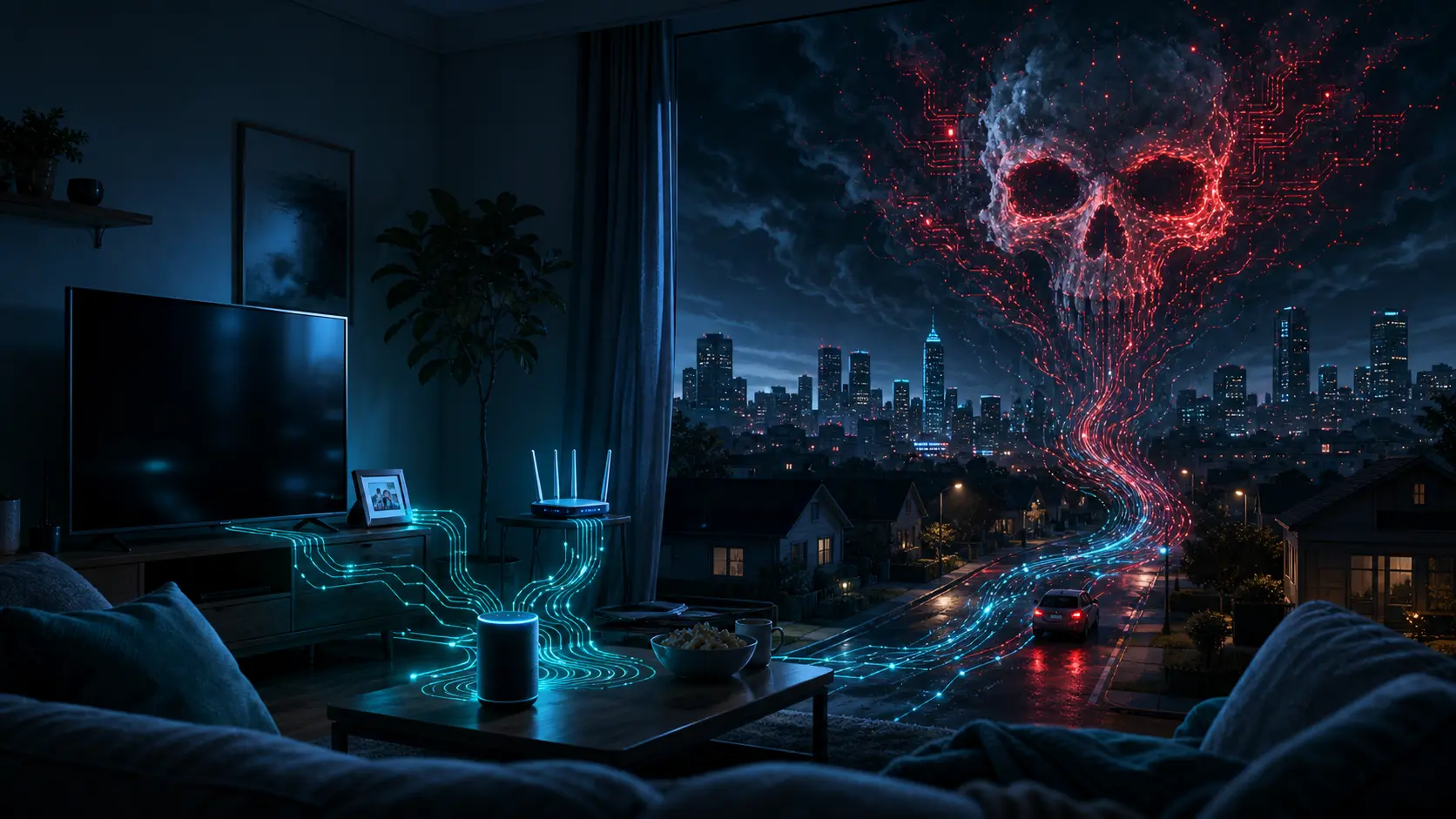 Illustration of a smart home device with a hidden backdoor exposing a home network to cyberattacks