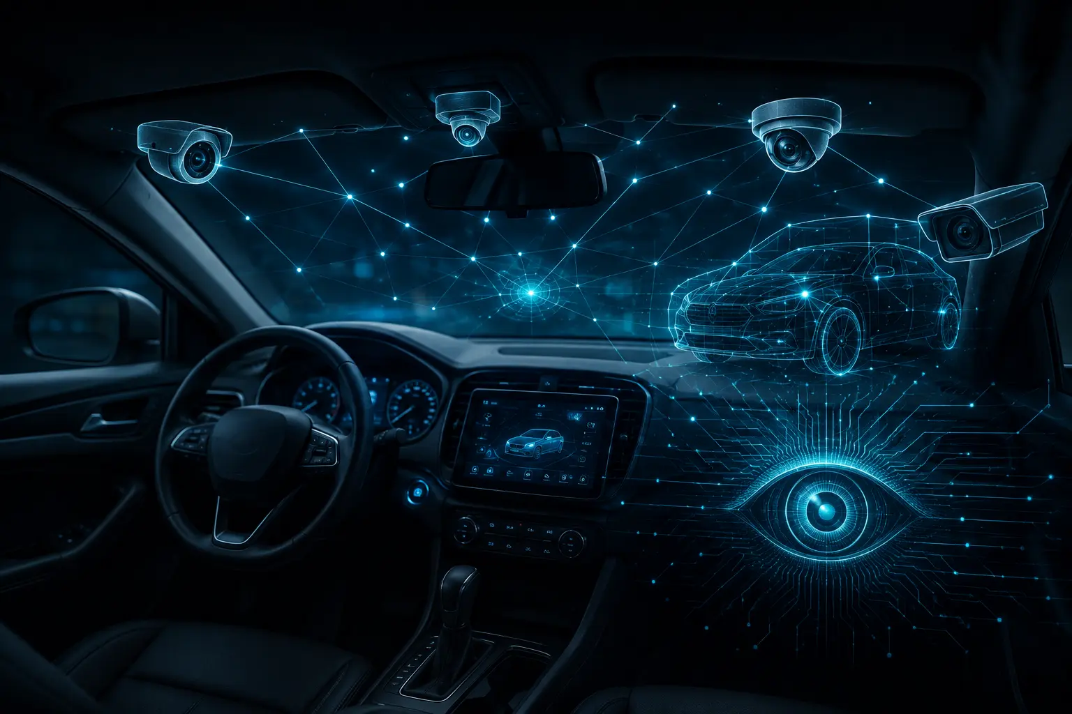 Modern car surveillance illustration showing sensors, cameras, and data collection behind the dashboard