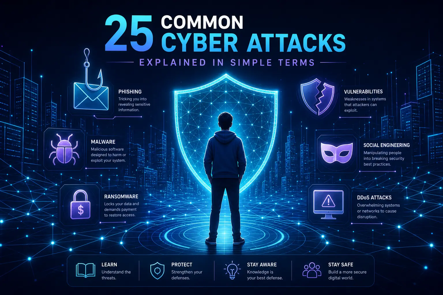 Illustration showing common cyber attack types including phishing, malware, and network threats