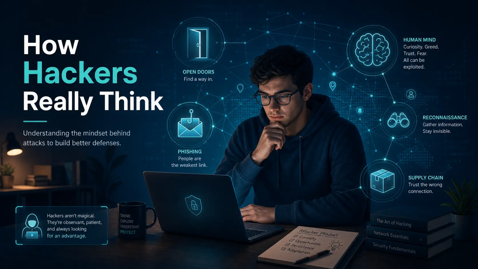 Illustration of the hacker mindset showing how attackers study people, systems, and weak points