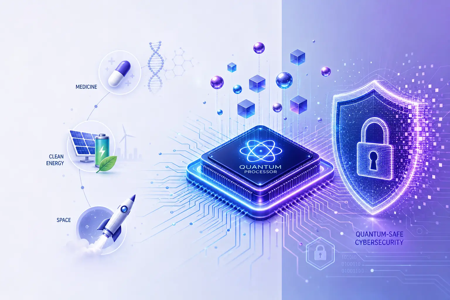 Illustration of quantum computing concepts showing qubits and quantum circuits transforming everyday technology