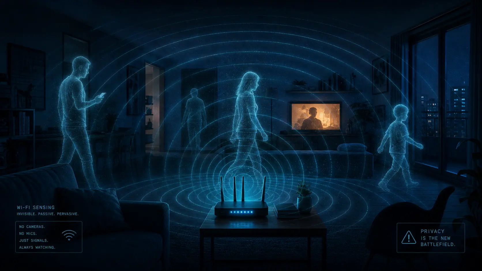 Wi-Fi sensing privacy illustration showing router signals detecting people in a room