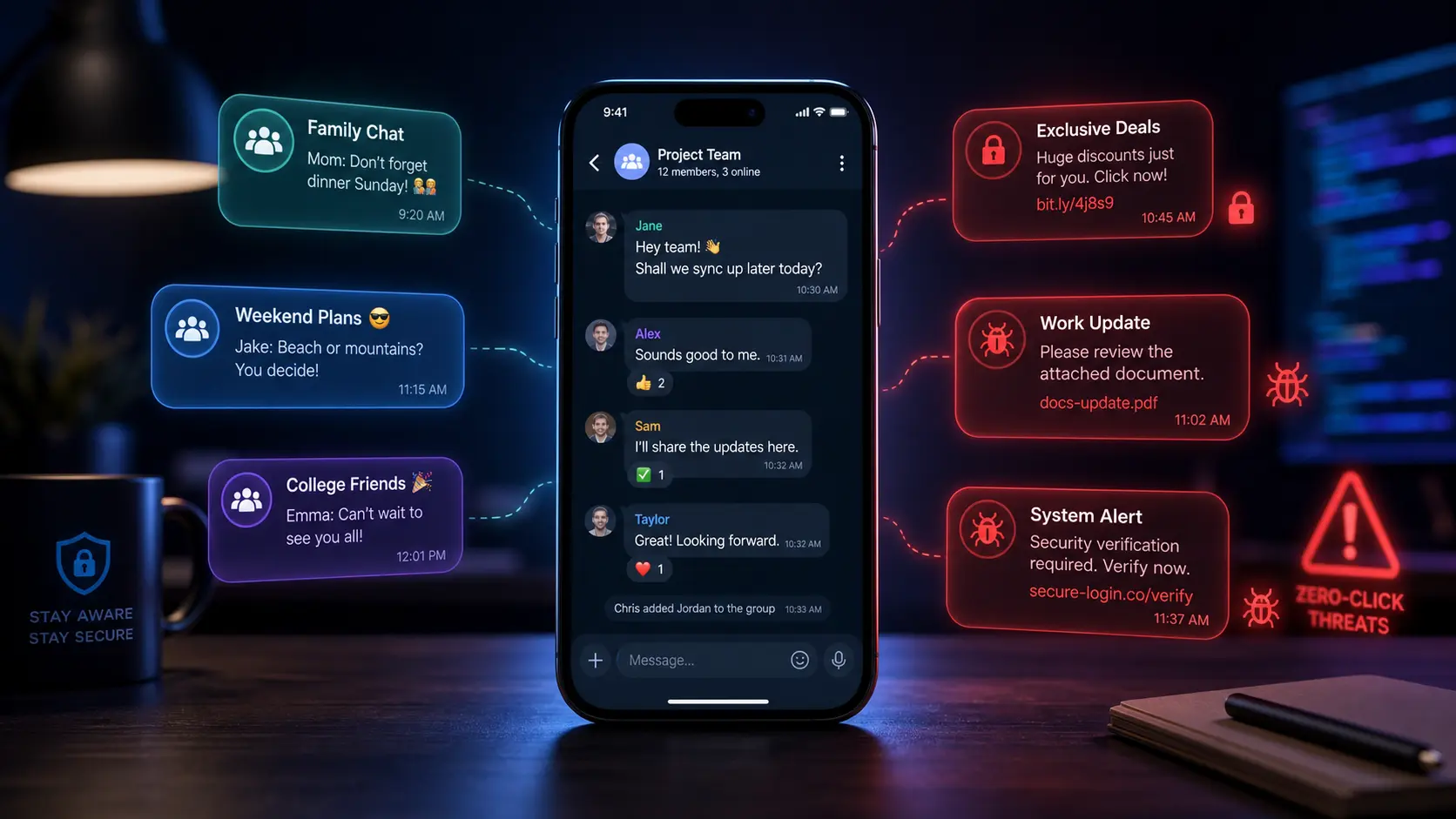 Illustration of a zero-click attack targeting a phone through a group chat